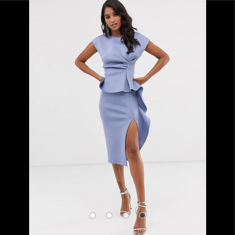 ASOS DESIGN peplum pencil midi dress tuck detail ruffle slit scuba sheat…